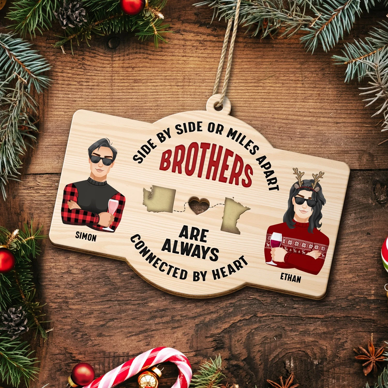 Side By Side - Christmas Gift For Siblings And Best Friends - Personalized Wooden Cutout Ornament - Image 5