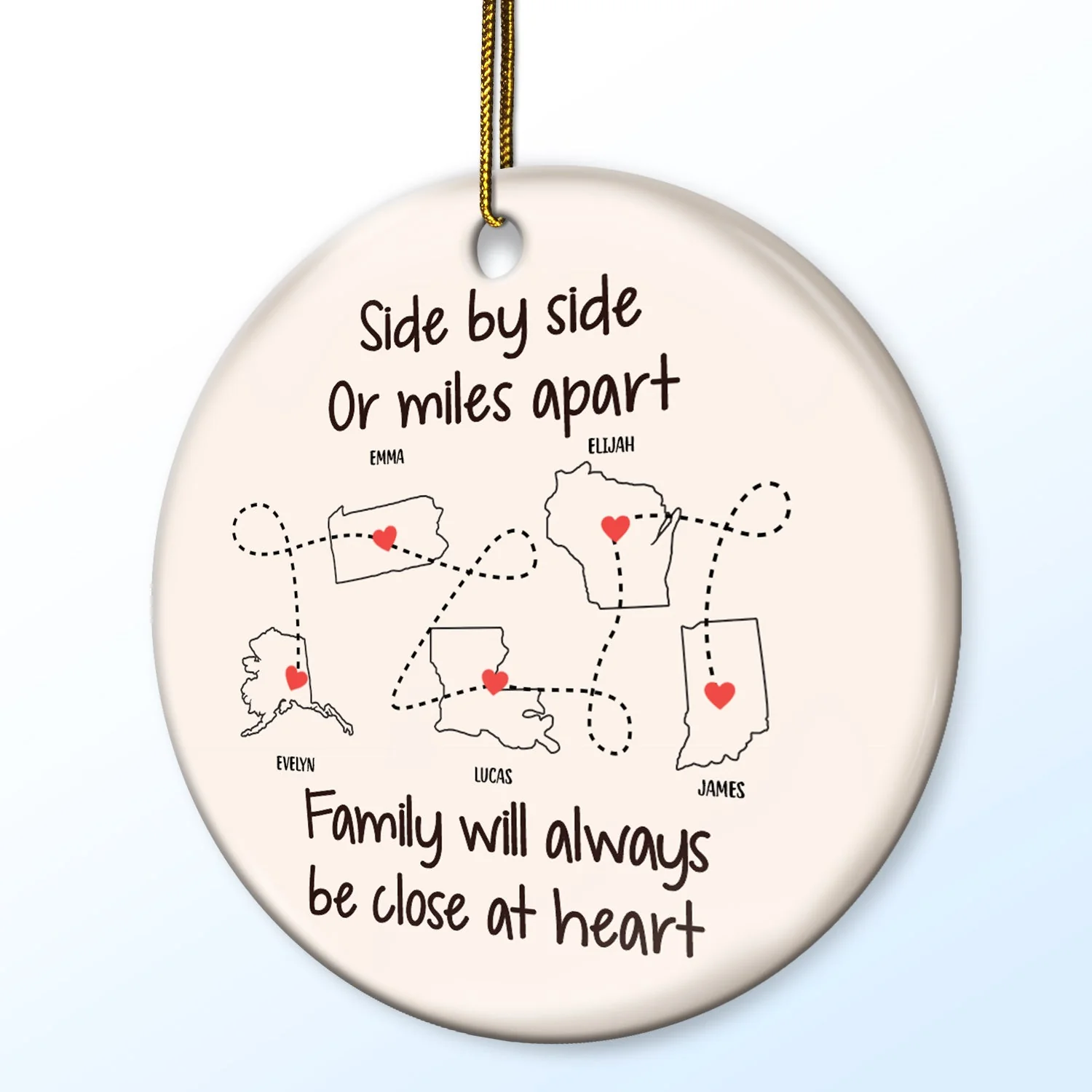 Side By Side Or Miles Apart - Christmas Gift For Family - Personalized Circle Ceramic Ornament - Image 2