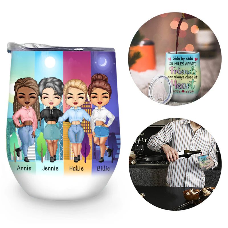 Side By Side Or Miles Apart - Gift For Best Friends - Personalized Custom Wine Tumbler - Image 2