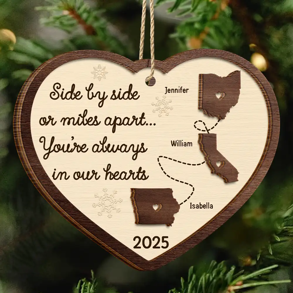 Side By Side Or Miles Apart Long Distance - Personalized 2-Layered Wooden Ornament