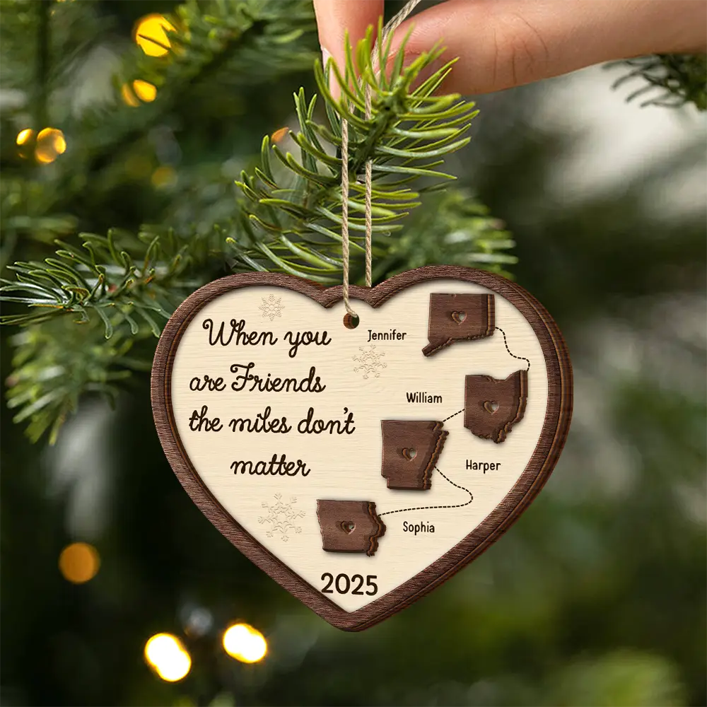 Side By Side Or Miles Apart Long Distance - Personalized 2-Layered Wooden Ornament - Image 2