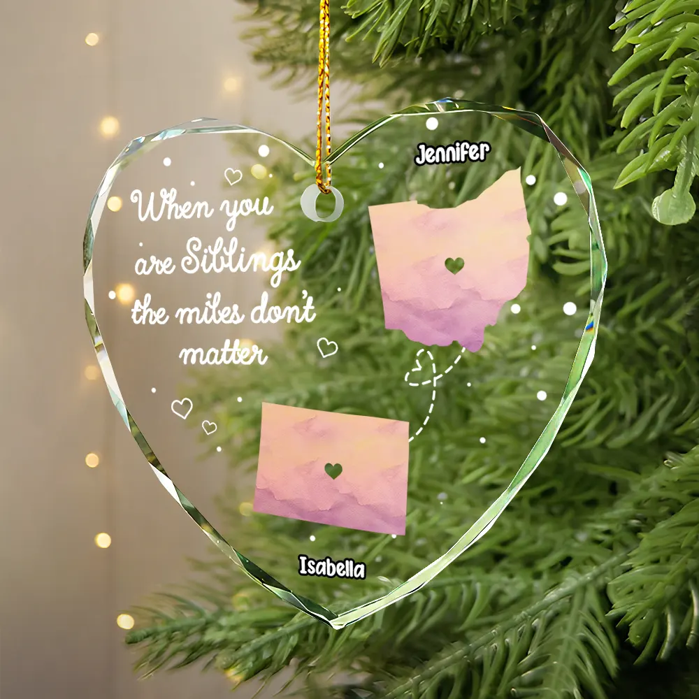 Side By Side Or Miles Apart Long Distance - Personalized Heart Shaped Glass Ornament - Image 2