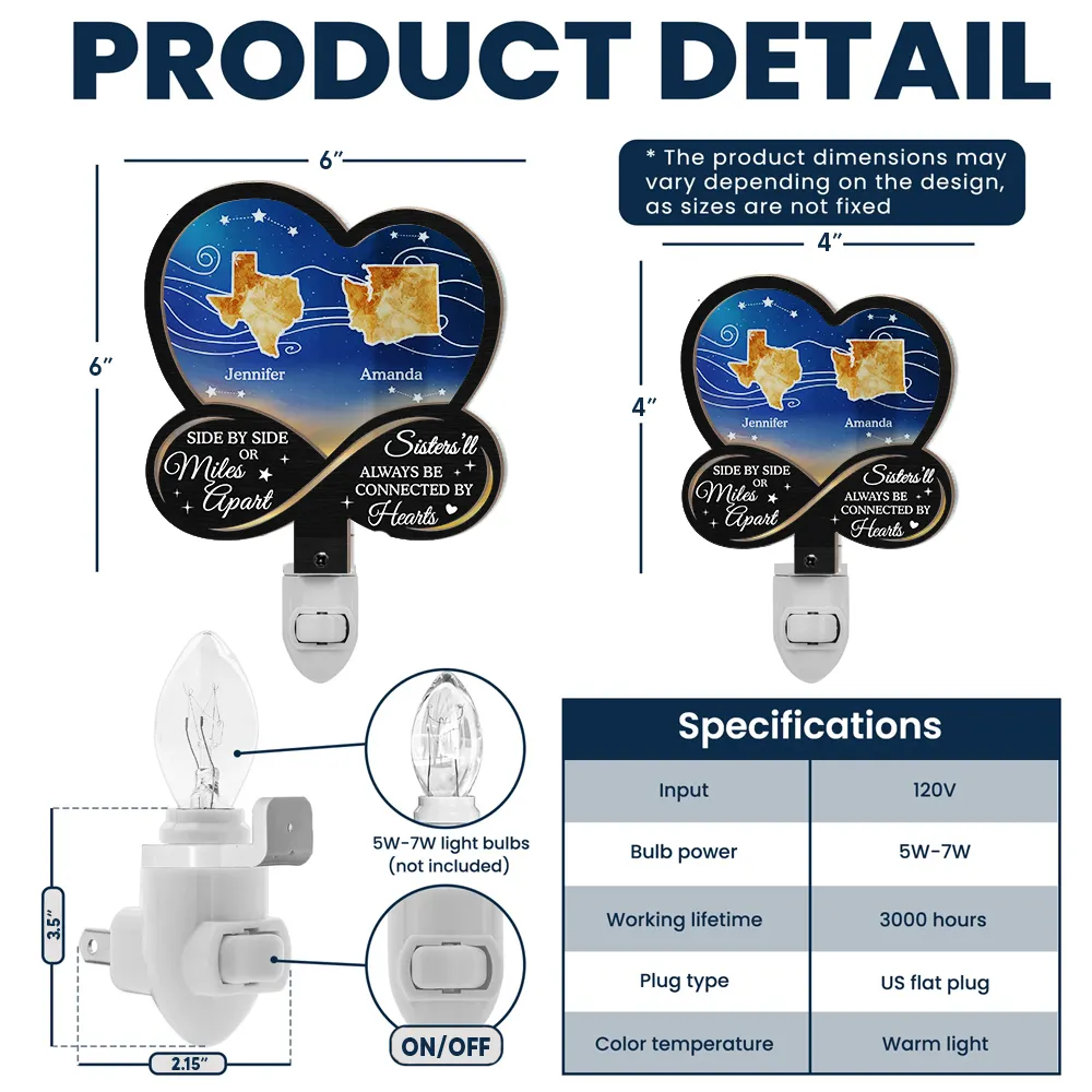 Side By Side Or Miles Apart - Personalized Plug-in Night Light - Image 6