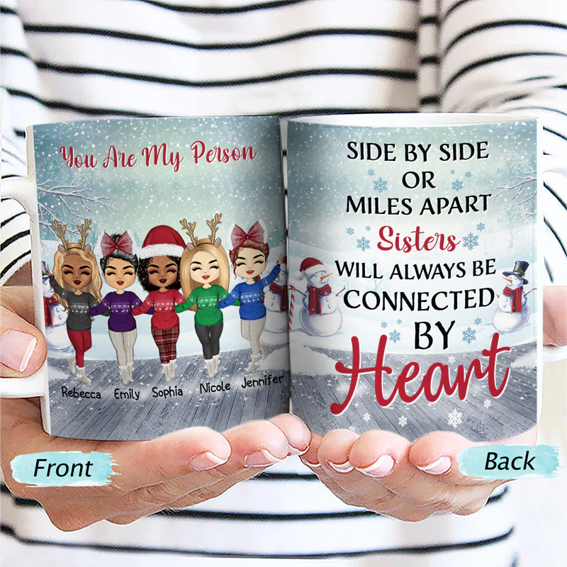 Side By Side Or Miles Apart Sisters And Brothers, Best Friends - Christmas Gift - Personalized Custom White Edge-to-Edge Mug - Image 2