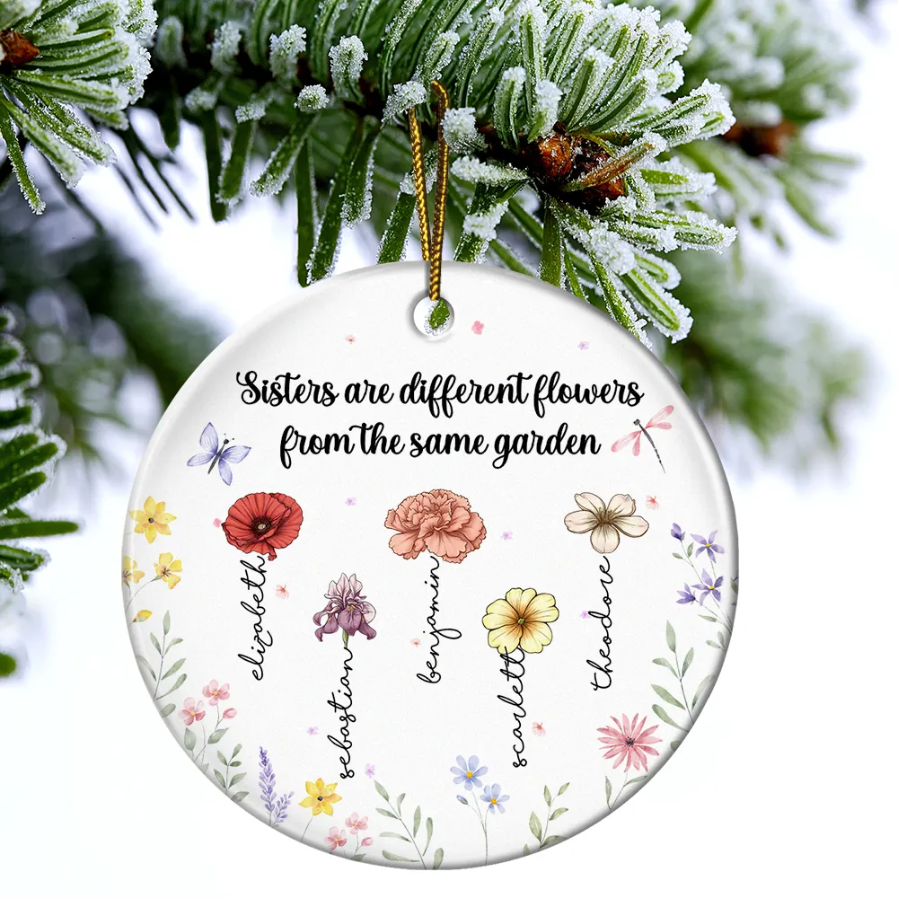 Sisters Are Different Flowers - Personalized Circle Ceramic Ornament - Image 4
