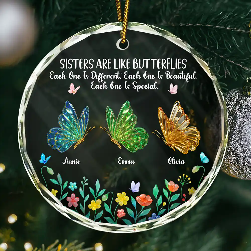 Sisters Are Like Butterflies 3D Effect - Personalized Circle Glass Ornament - Image 2