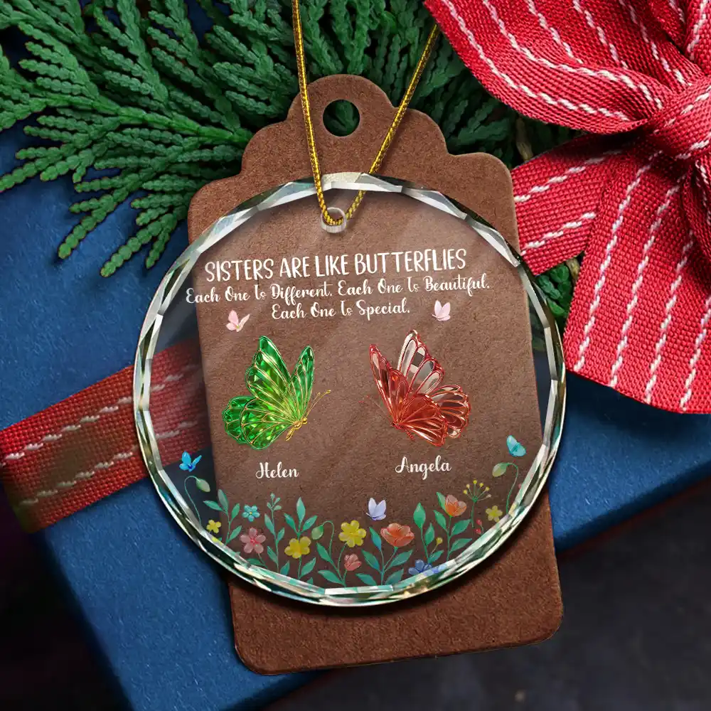 Sisters Are Like Butterflies 3D Effect - Personalized Circle Glass Ornament - Image 6