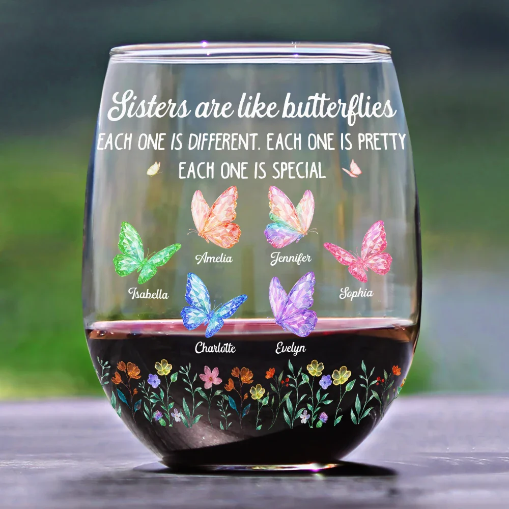 Sisters Are Like Butterflies Each One Is Beautiful - Personalized Stemless Wine Glass - Image 2