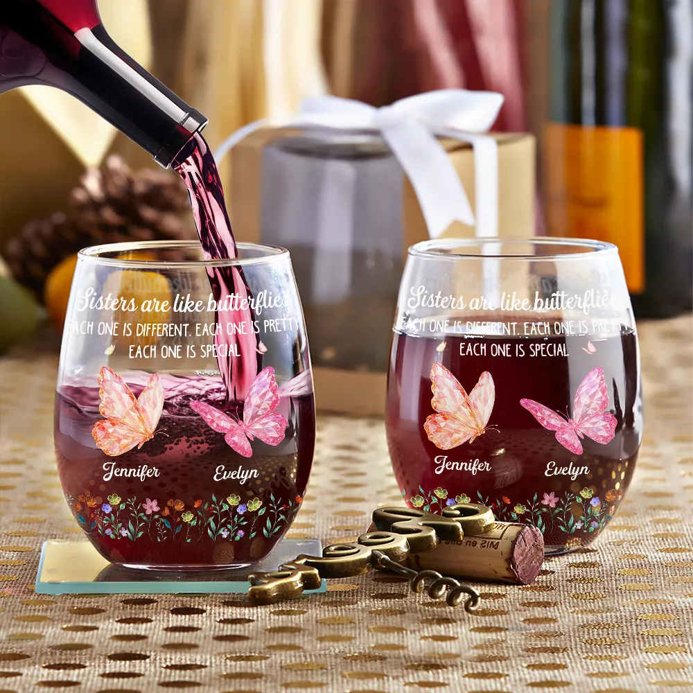 Sisters Are Like Butterflies Each One Is Beautiful - Personalized Stemless Wine Glass - Image 3