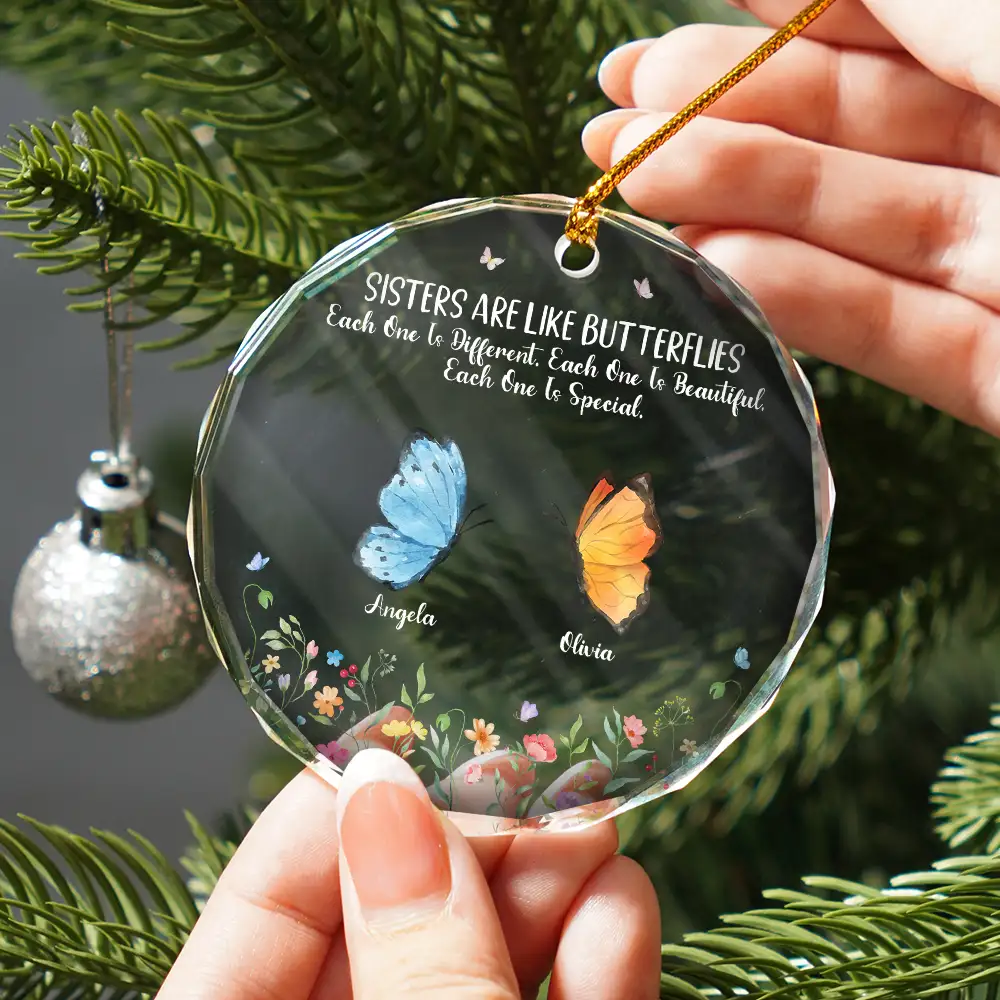 Sisters Are Like Butterflies - Personalized Circle Glass Ornament - Image 2