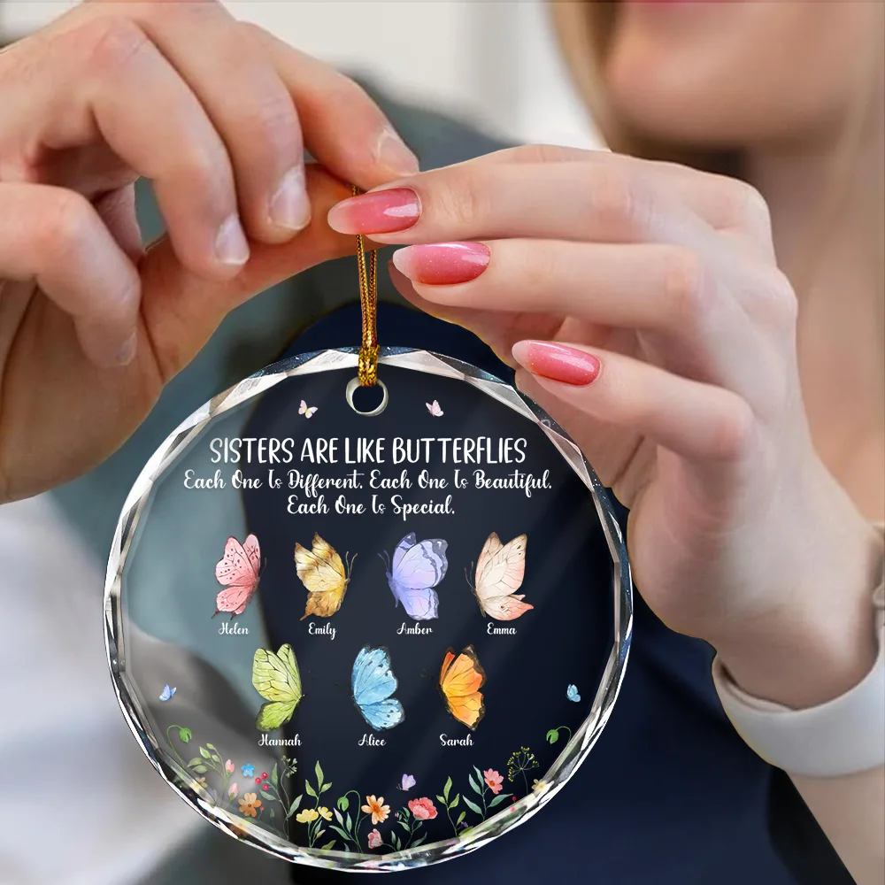 Sisters Are Like Butterflies - Personalized Circle Glass Ornament - Image 4
