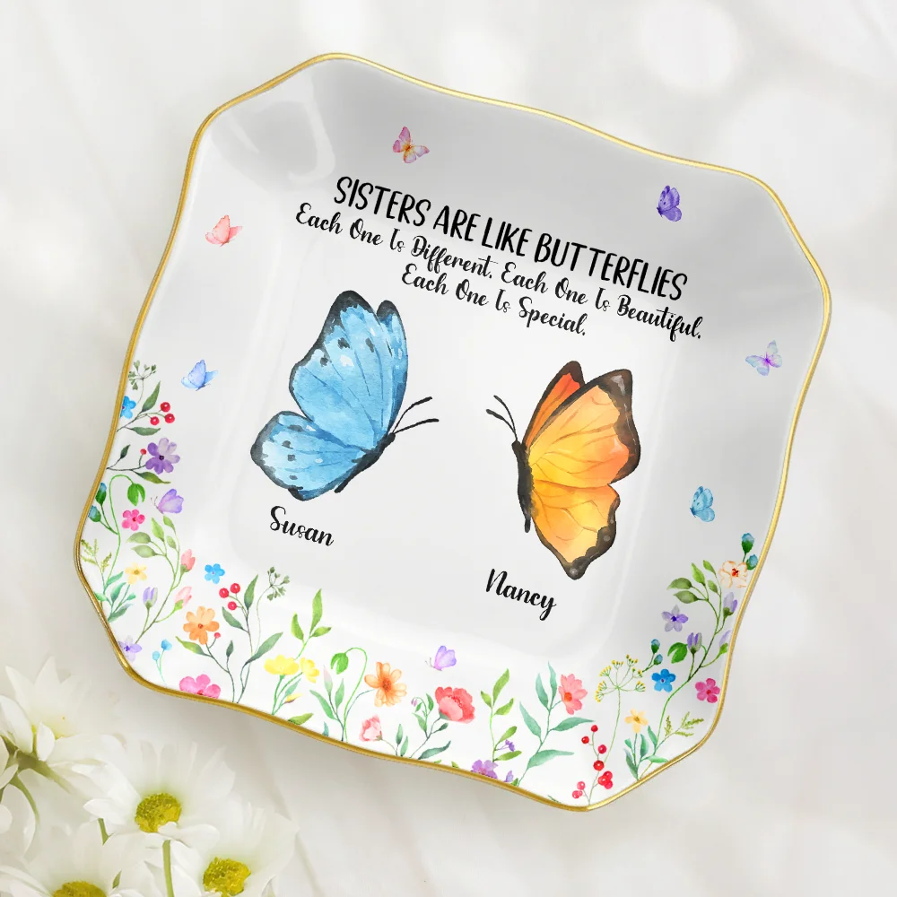 Sisters Are Like Butterflies Watercolor - Personalized Lace Square Jewelry Dish - Image 2