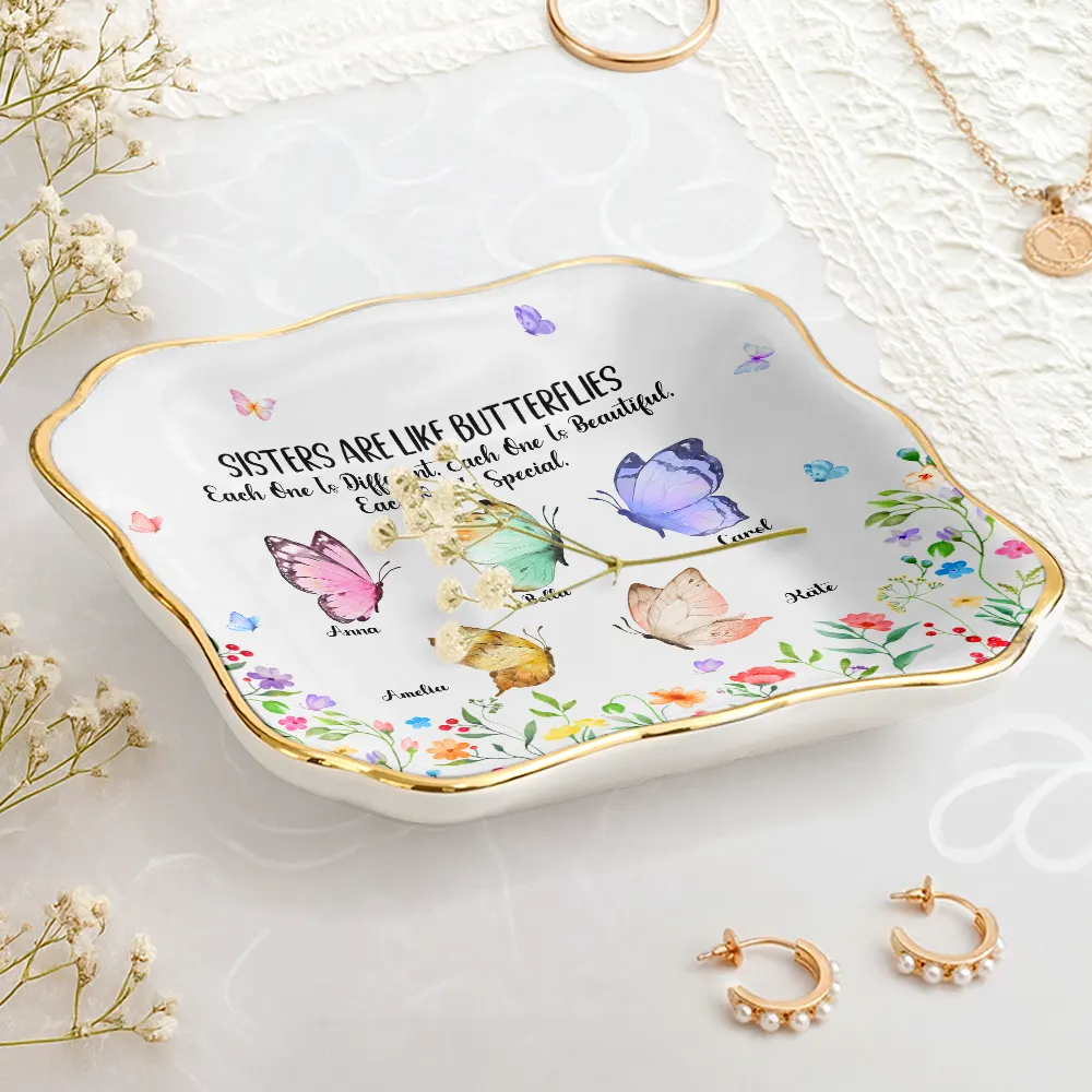 Sisters Are Like Butterflies Watercolor - Personalized Lace Square Jewelry Dish - Image 3