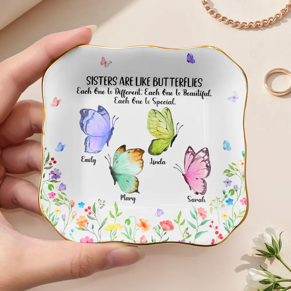 Sisters Are Like Butterflies Watercolor - Personalized Lace Square Jewelry Dish - Image 4