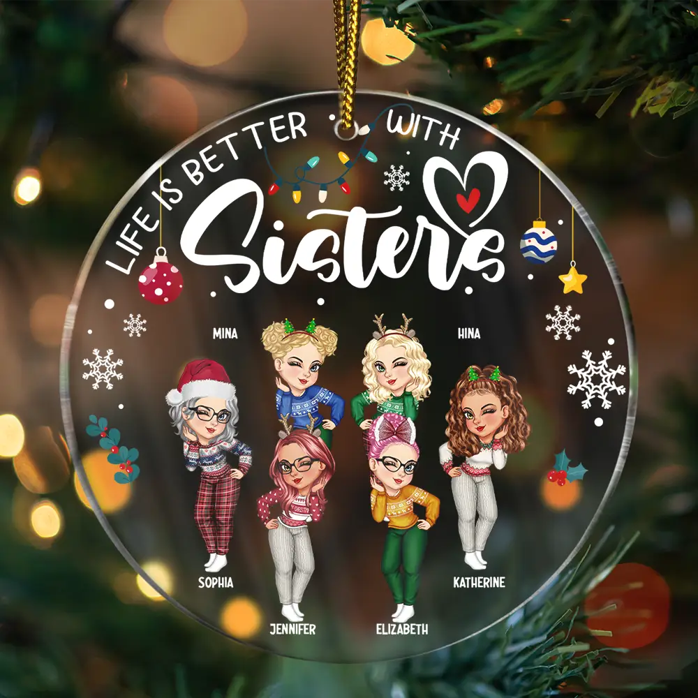 Sisters Besties Forever Christmas - Personalized Circle Acrylic Ornament - Image 3