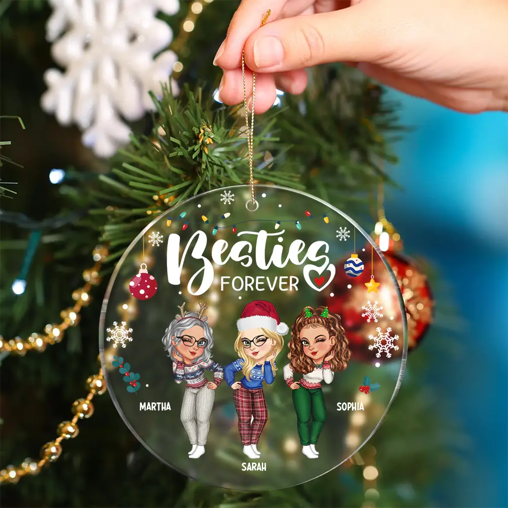 Sisters Besties Forever Christmas - Personalized Circle Acrylic Ornament - Image 4
