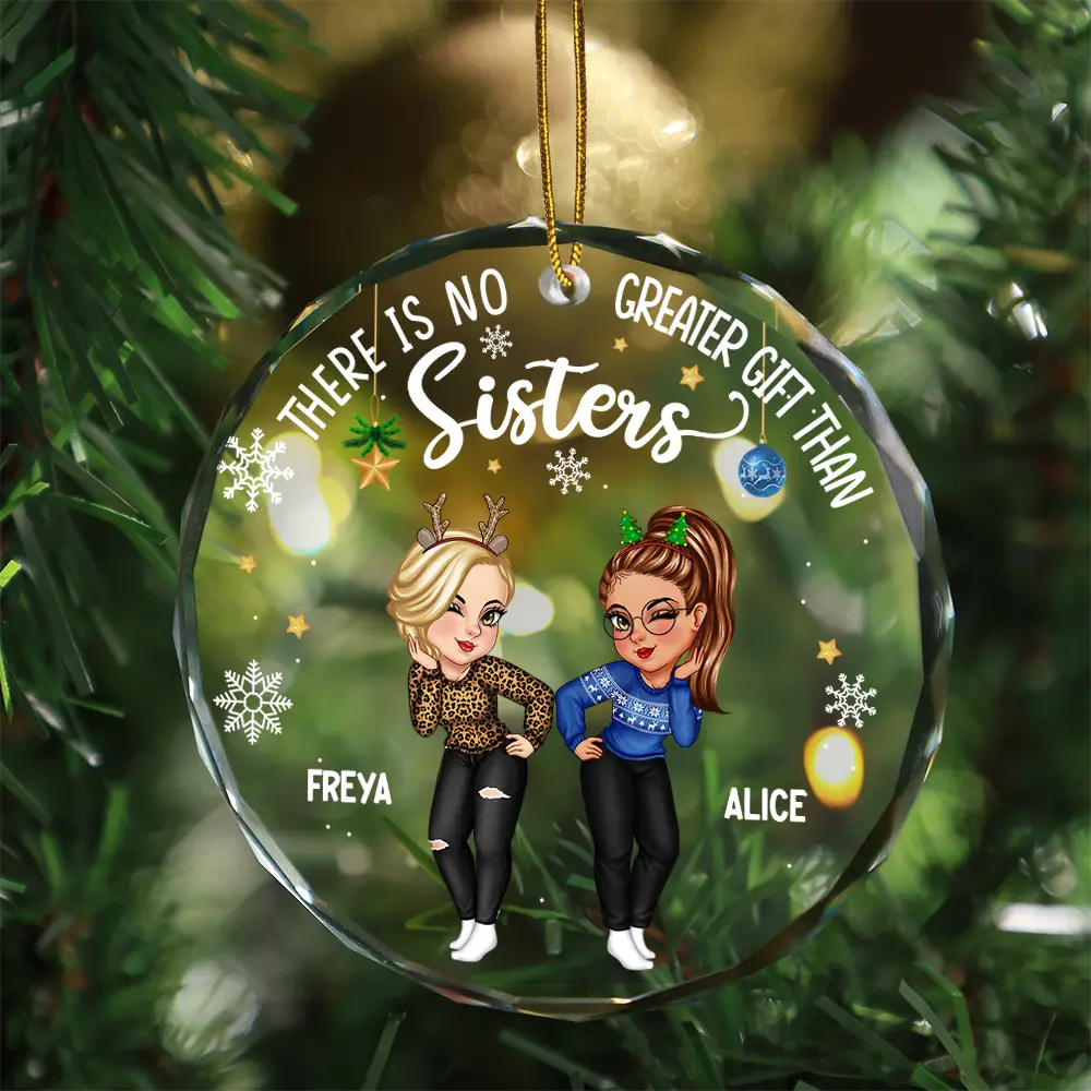 Sisters Besties Forever Christmas - Personalized Circle Glass Ornament - Image 3