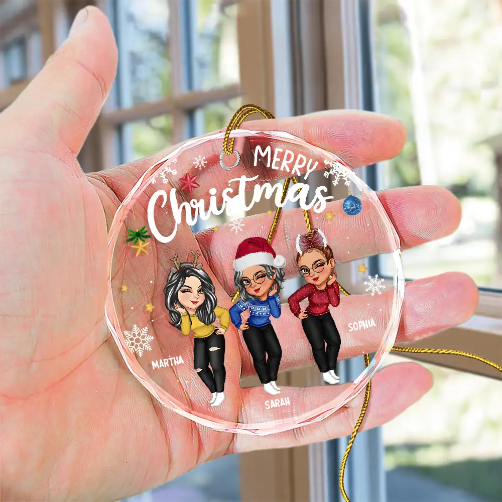 Sisters Besties Forever Christmas - Personalized Circle Glass Ornament - Image 4