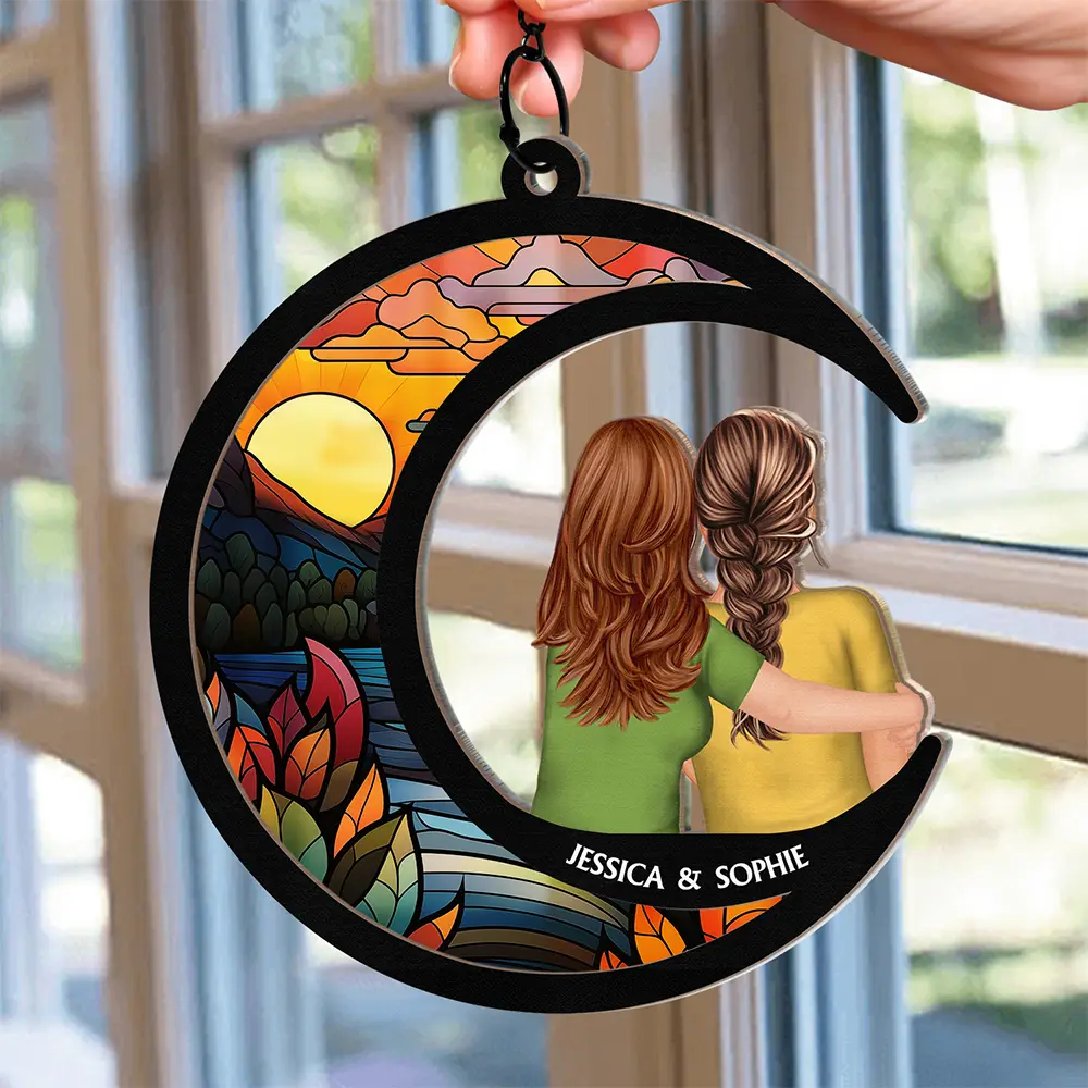 Sisters Besties Love You To The Moon - Personalized Window Hanging Suncatcher Ornament - Image 2