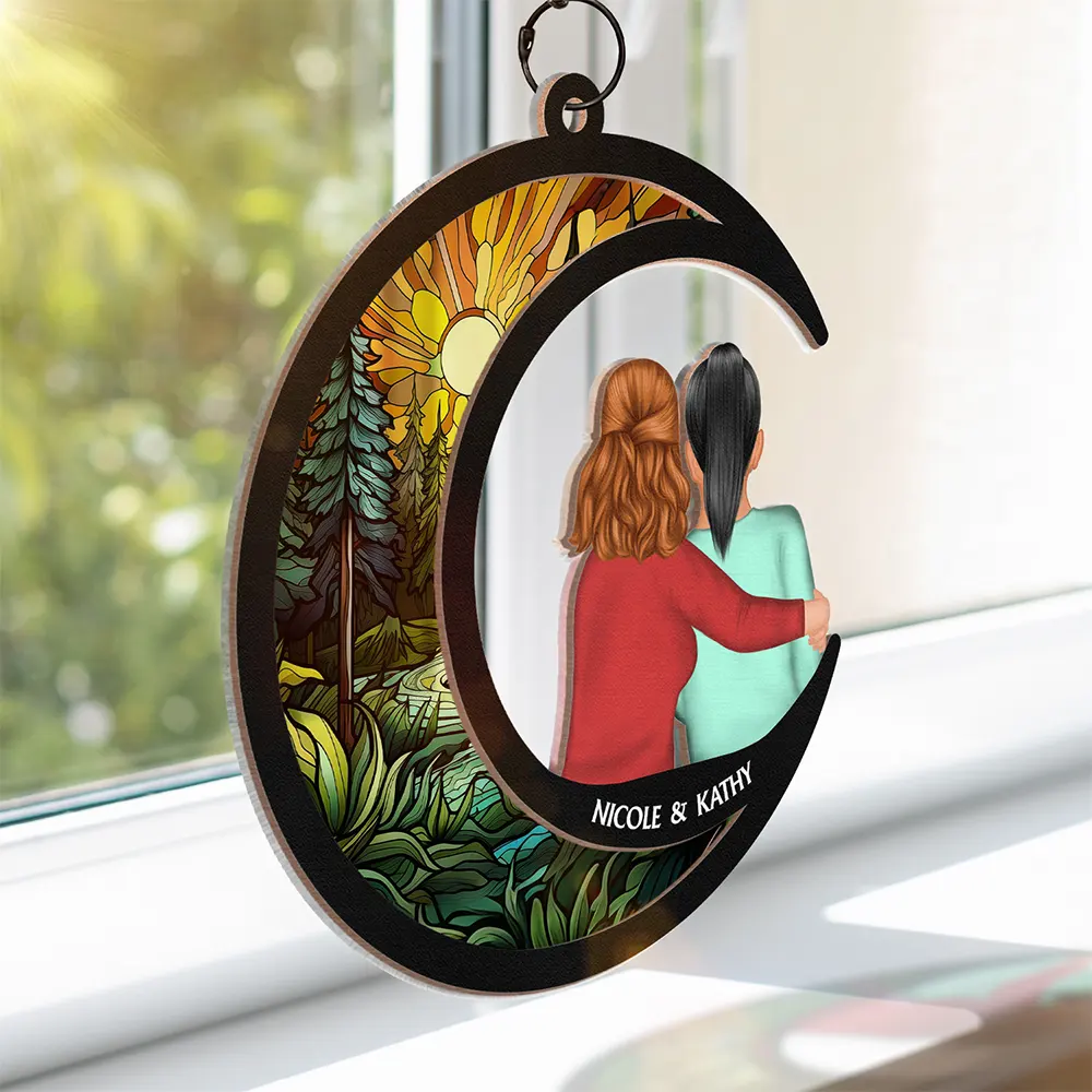 Sisters Besties Love You To The Moon - Personalized Window Hanging Suncatcher Ornament - Image 3