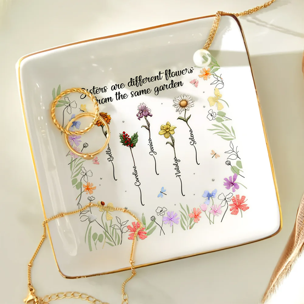 Sisters Birth Flower From The Same Garden - Personalized Ring Dish - Image 4
