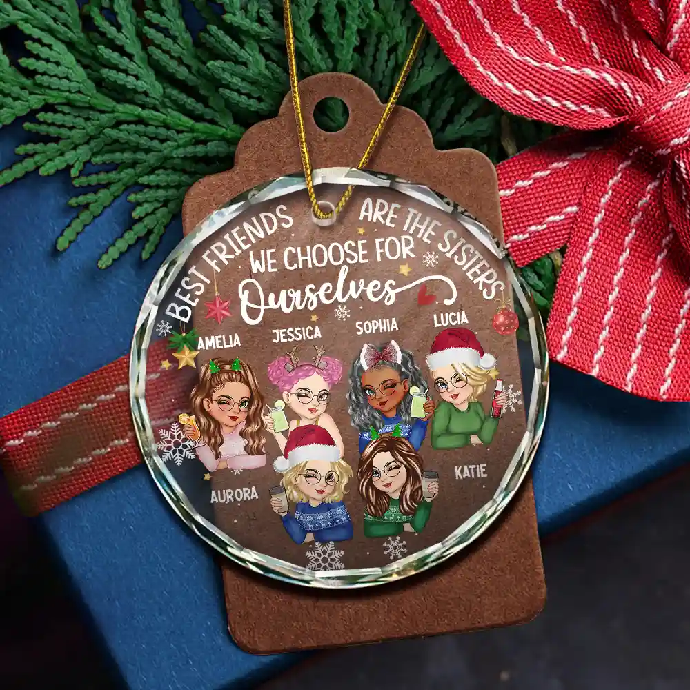 Sisters By Heart Christmas Besties - Personalized Circle Glass Ornament - Image 5