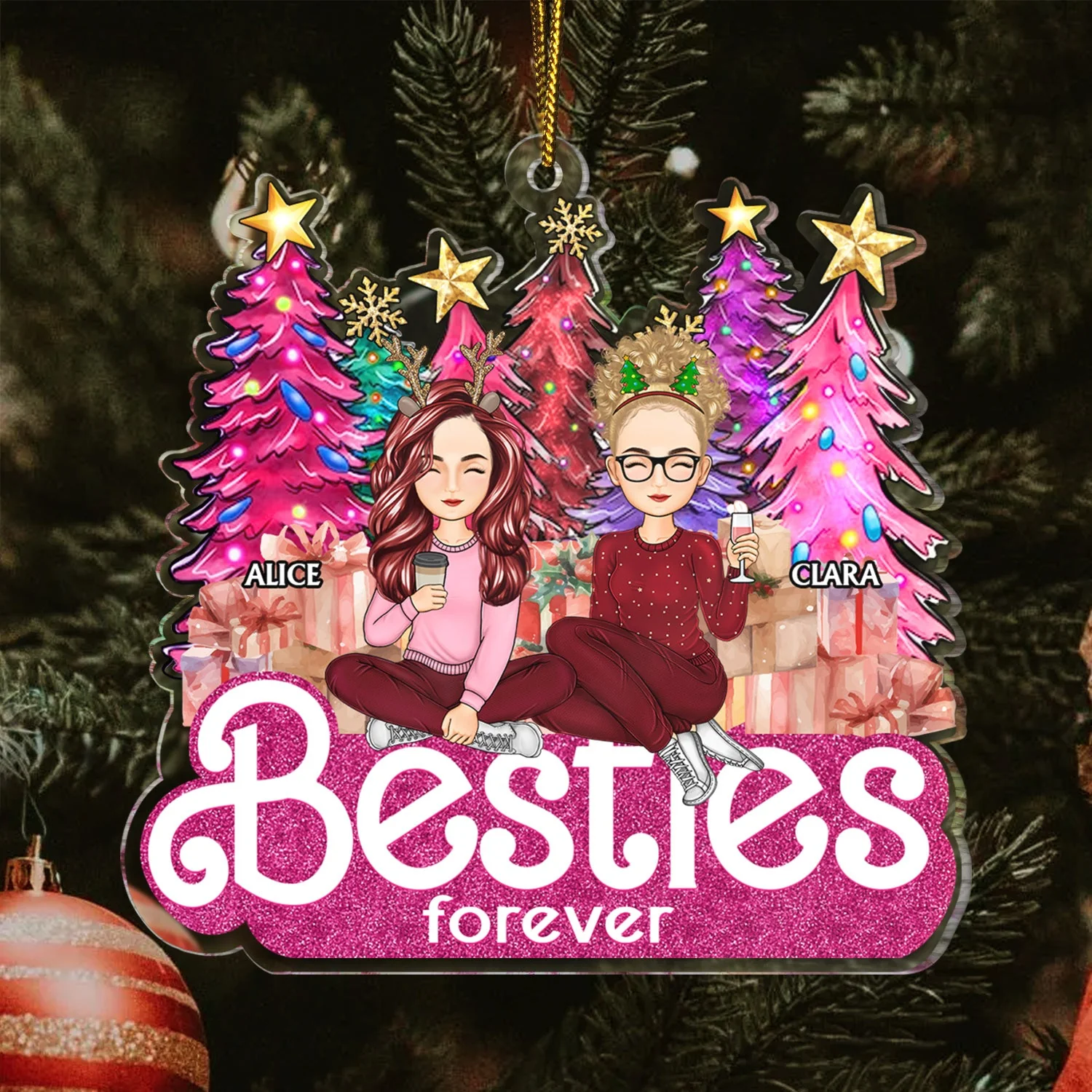 Sisters Forever Cartoon - Christmas Gifts For Sisters, Besties - Personalized Cutout Acrylic Ornament - Image 3