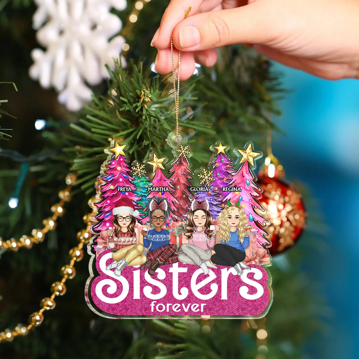 Sisters Forever Cartoon - Christmas Gifts For Sisters, Besties - Personalized Cutout Acrylic Ornament - Image 4