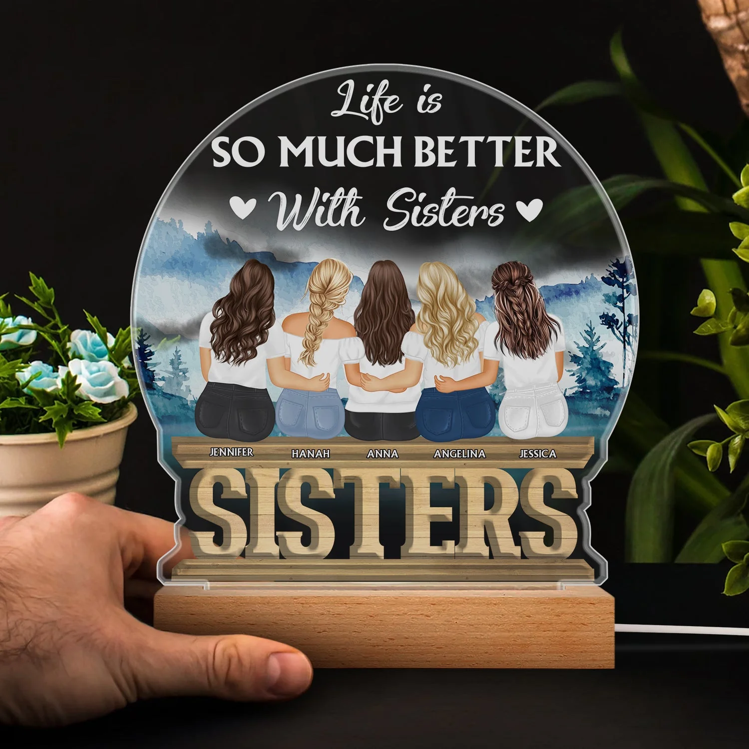 Sisters Forever Never Apart - Gift For Sisters And Best Friends - Personalized Custom 3D Led Light Wooden Base - Image 4