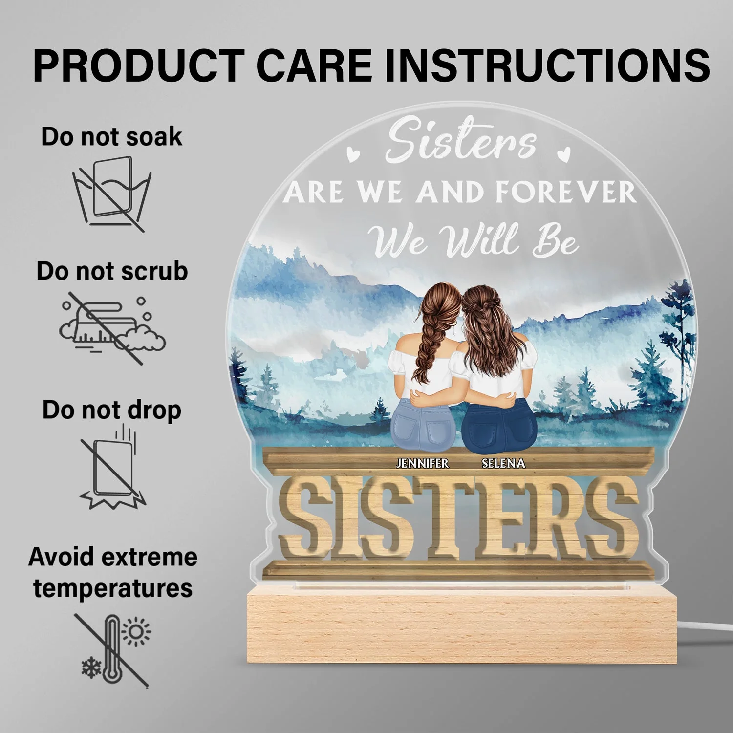 Sisters Forever Never Apart - Gift For Sisters And Best Friends - Personalized Custom 3D Led Light Wooden Base - Image 6
