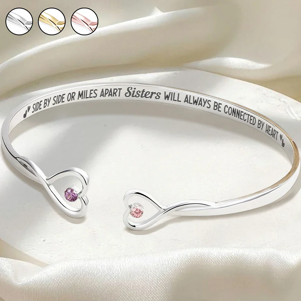 Sisters Will Always Be Connected By Heart - Personalized Gem Heart Cuff Bracelet