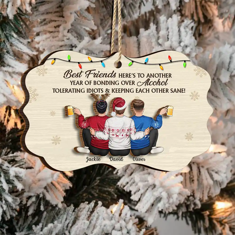 Sitting Besties Here's To Another Year Of Us - Personalized 2-Layered Wooden Ornament - Image 3