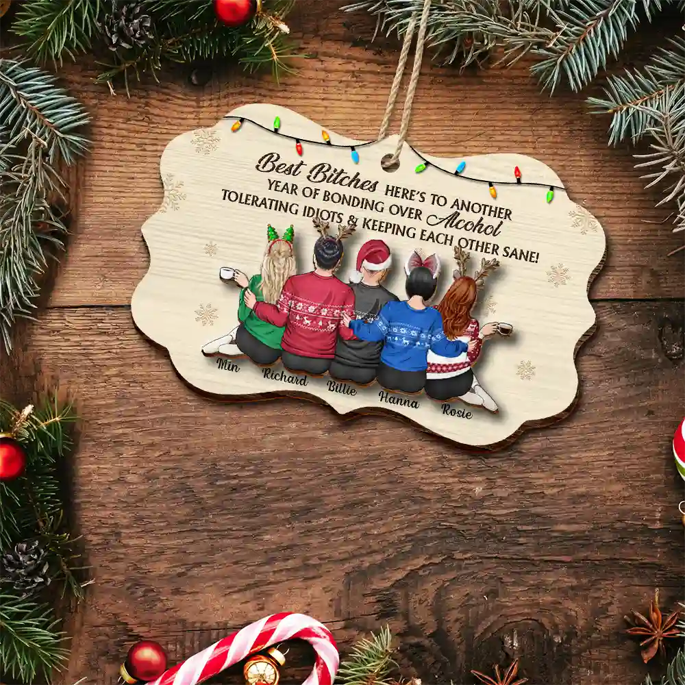 Sitting Besties Here's To Another Year Of Us - Personalized 2-Layered Wooden Ornament - Image 4