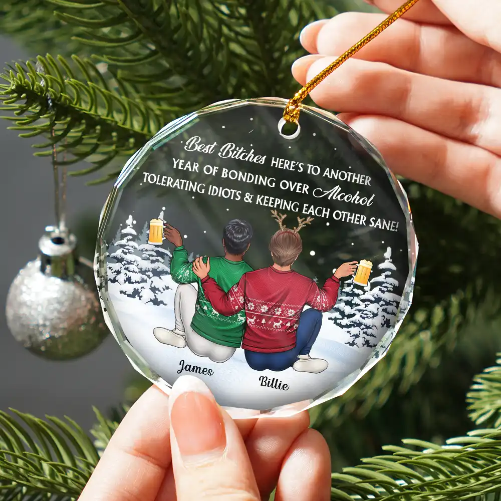 Sitting Besties Here's To Another Year Of Us - Personalized Circle Glass Ornament - Image 2