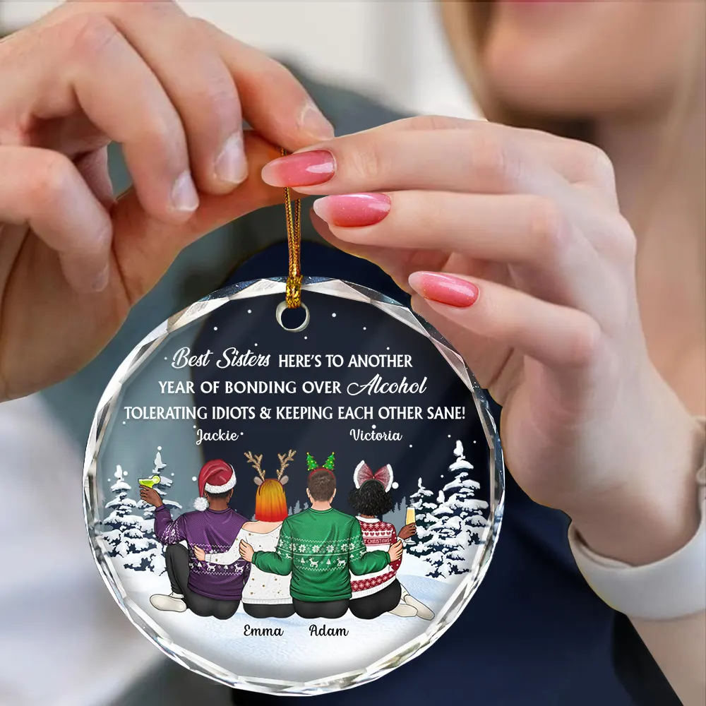 Sitting Besties Here's To Another Year Of Us - Personalized Circle Glass Ornament - Image 4