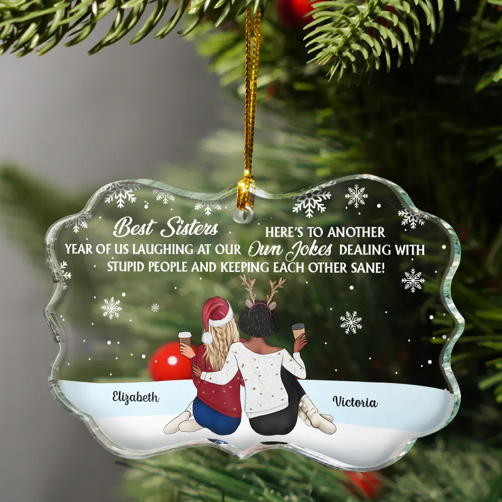 Sitting Besties Here's To Another Year Of Us - Personalized Medallion Glass Ornament - Image 3