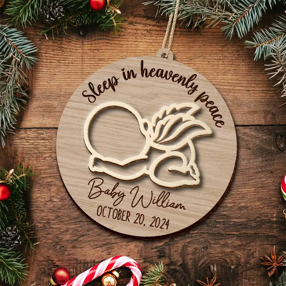 Sleep In Heavenly Peace Memorial Infant Loss Baby Memorial - Personalized 2-Layered Wooden Ornament - Image 5