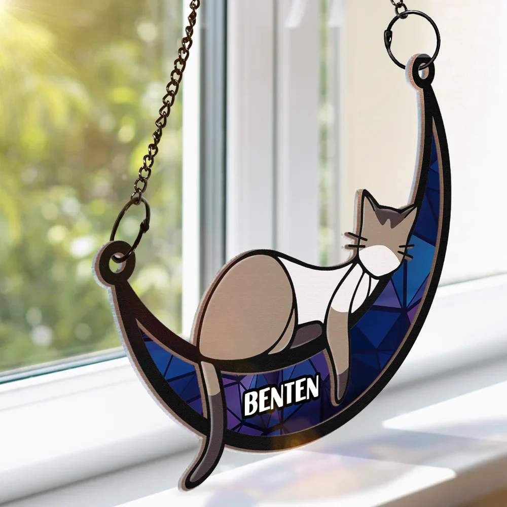 Sleeping Cat On Moon - Personalized Window Hanging Suncatcher Ornament - Image 3