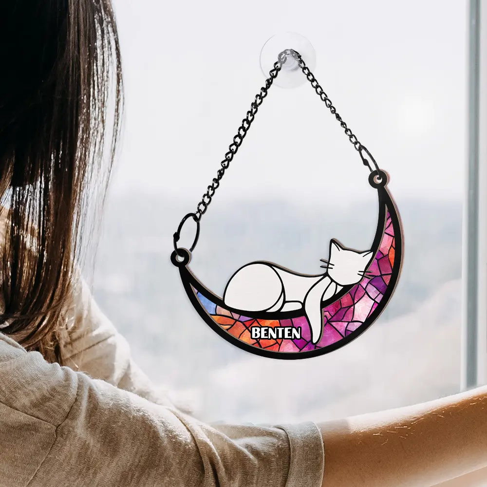 Sleeping Cat On Moon - Personalized Window Hanging Suncatcher Ornament - Image 4