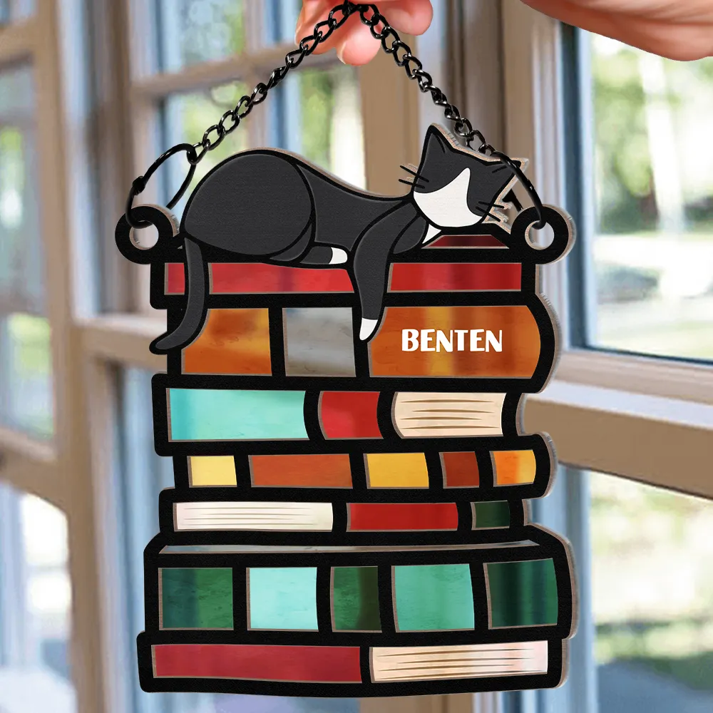 Sleeping Cat On The Books - Personalized Window Hanging Suncatcher Ornament - Image 2