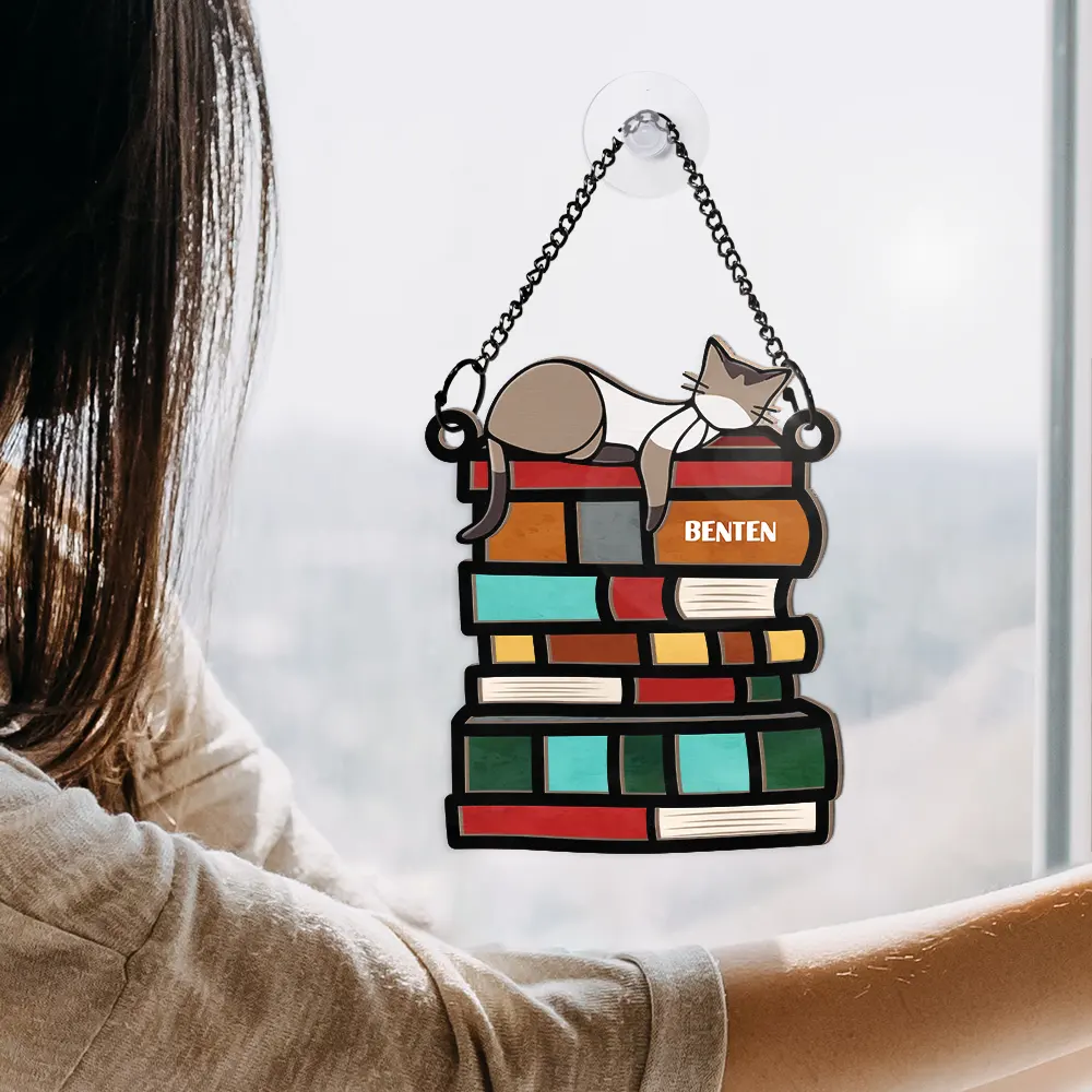 Sleeping Cat On The Books - Personalized Window Hanging Suncatcher Ornament - Image 4