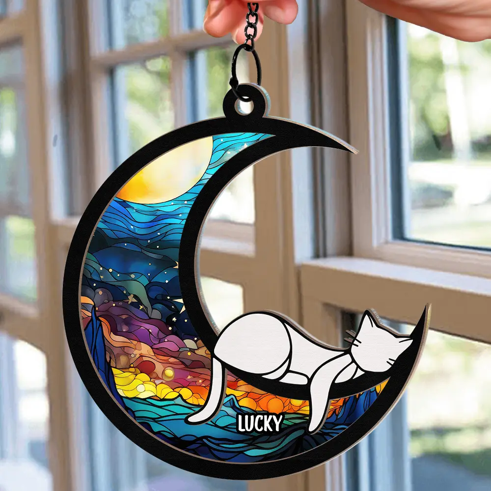 Sleeping Cat On The Moon Ver 2 - Personalized Window Hanging Suncatcher Ornament - Image 2