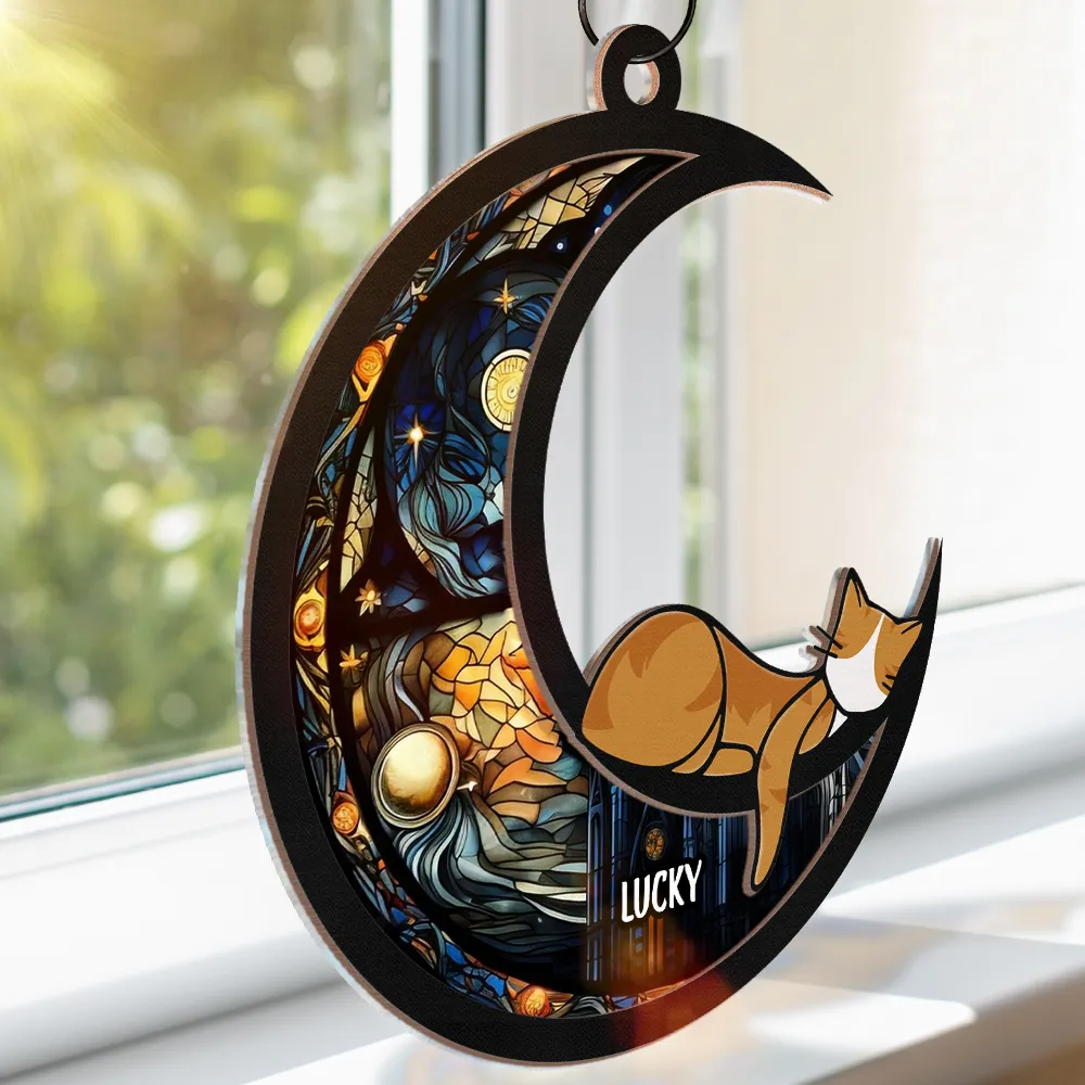 Sleeping Cat On The Moon Ver 2 - Personalized Window Hanging Suncatcher Ornament - Image 3