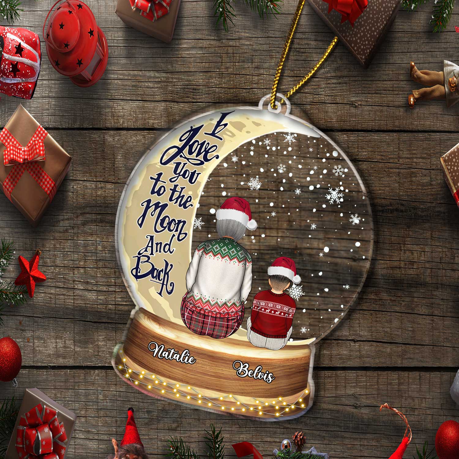 Snow Globe Love You To The Moon & Back - Christmas Gift For Grandma, Mother, Granddaughter, Grandson, Kids - Personalized Custom Shaped Acrylic Ornament - Image 5