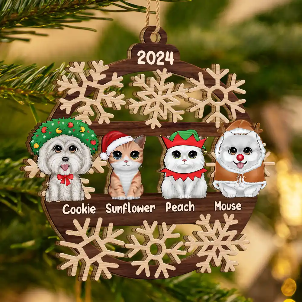 Snowflake Christmas Dogs Cats - Personalized Wooden Cutout Ornament - Image 3