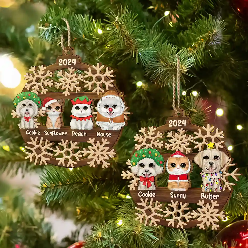 Snowflake Christmas Dogs Cats - Personalized Wooden Cutout Ornament - Image 6
