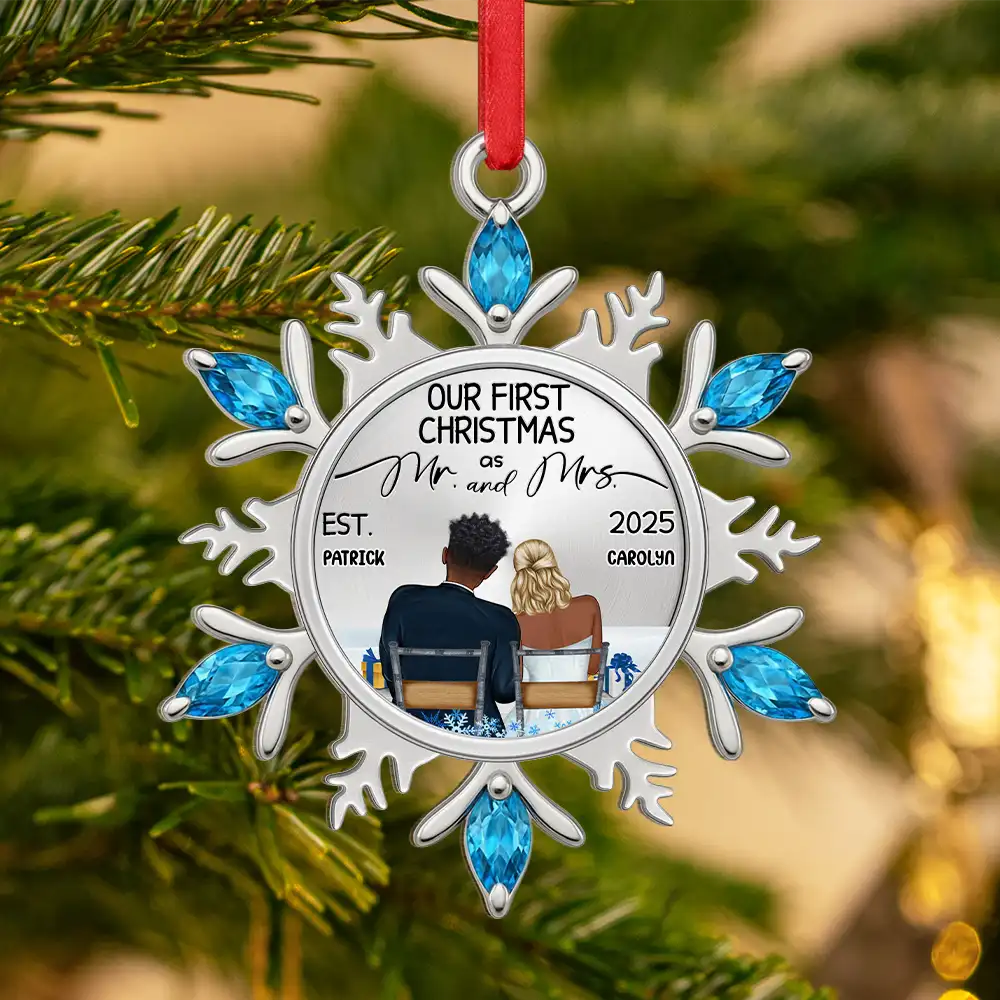 Snowflake First Christmas Couple - Personalized Metal Ornament - Image 4