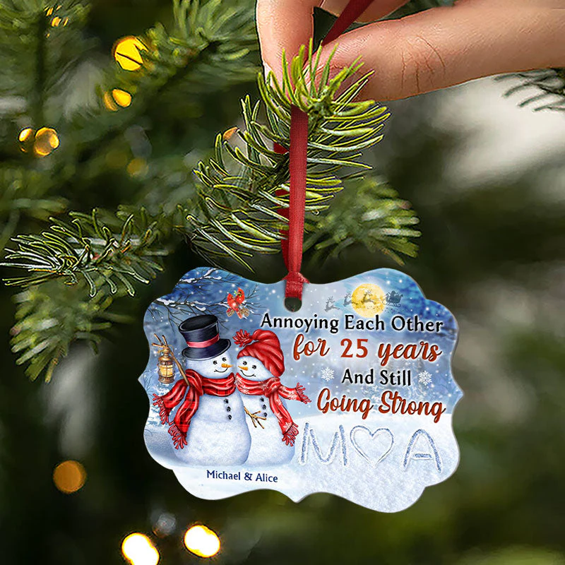 Snowman Couple Annoying Each Other - Christmas Gift For Couple - Personalized Custom Aluminum Ornament - Image 2