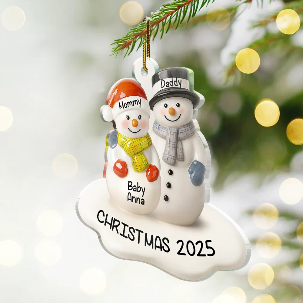 Snowman Couple We're Expecting Ceramic Effect - Personalized Custom Shaped Acrylic Ornament - Image 2