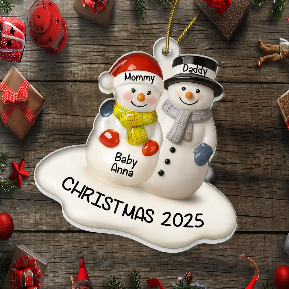 Snowman Couple We're Expecting Ceramic Effect - Personalized Custom Shaped Acrylic Ornament - Image 5
